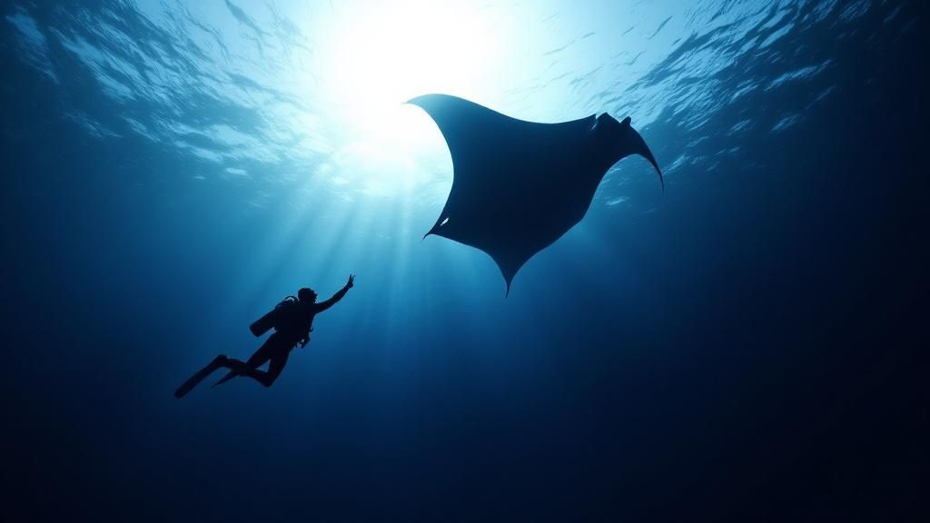 A massive manta ray glides gracefully over scuba divers on the ocean floor in Kona.