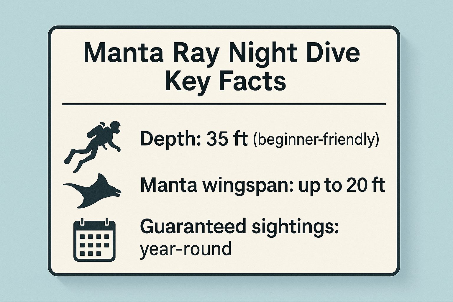 Infographic showing key data about Manta Ray Night Dive at Manta Village