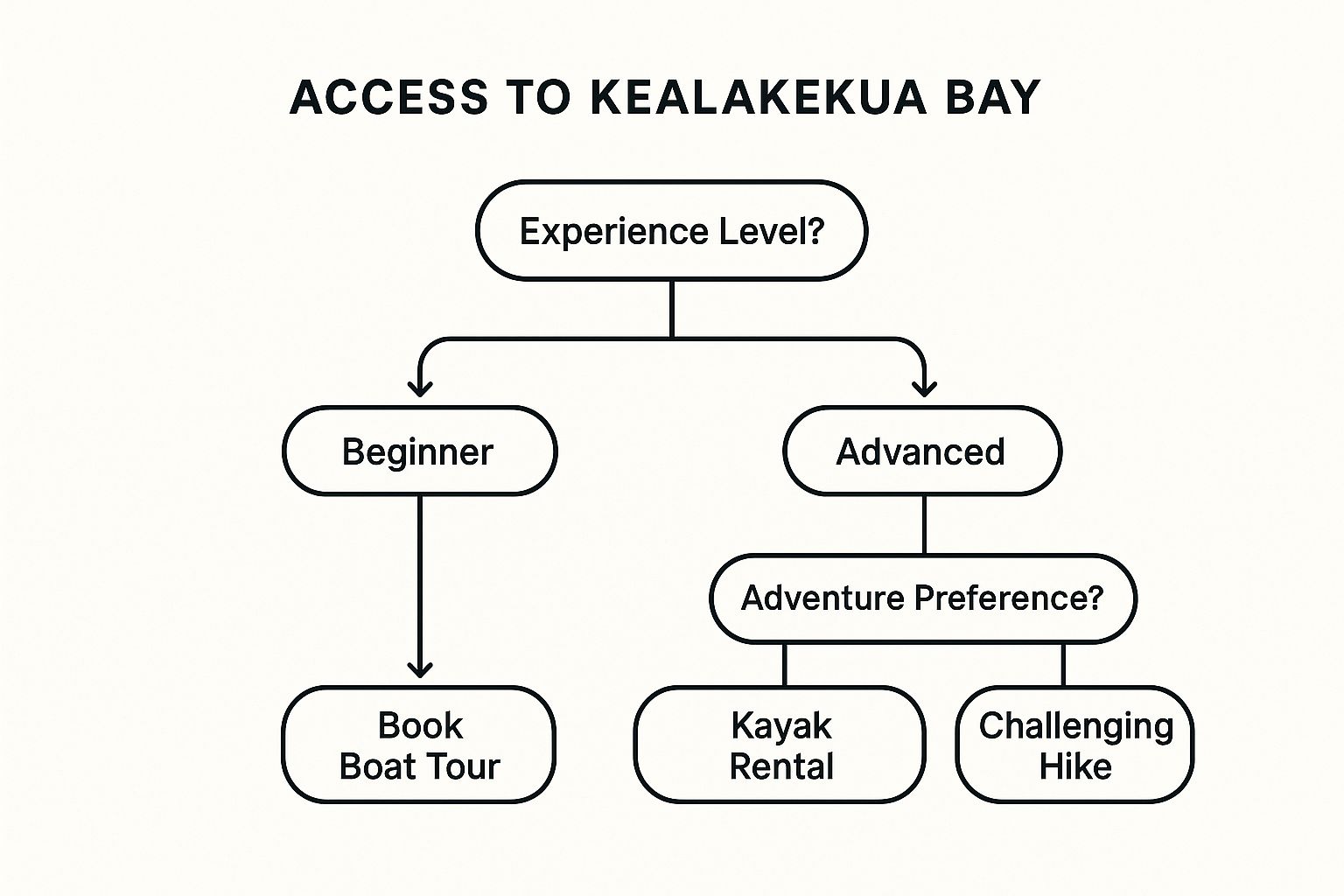 Infographic showing a decision tree for accessing Kealakekua Bay based on experience level and adventure preference.