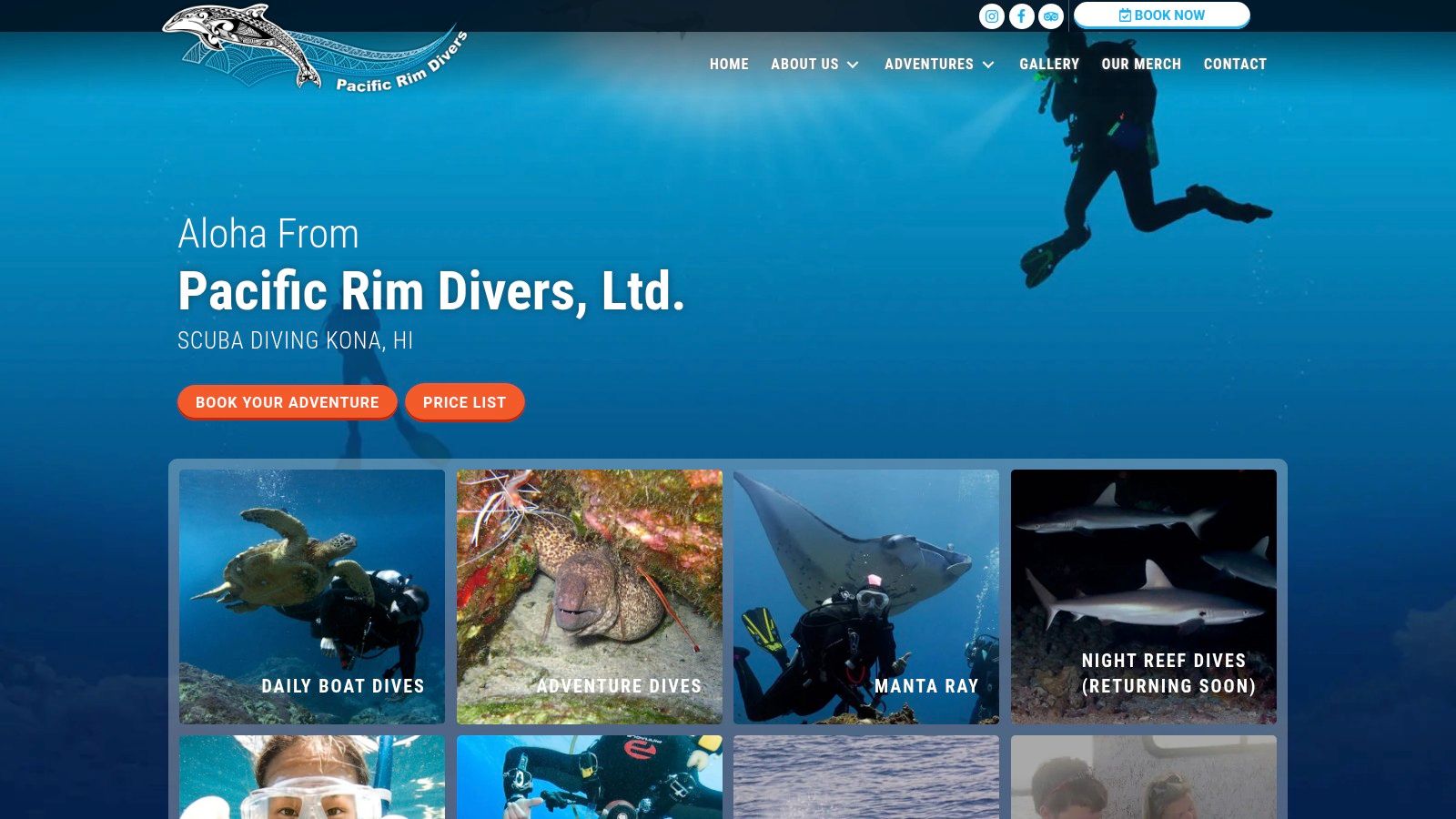 Pacific Rim Divers website showing a group of divers on a boat.