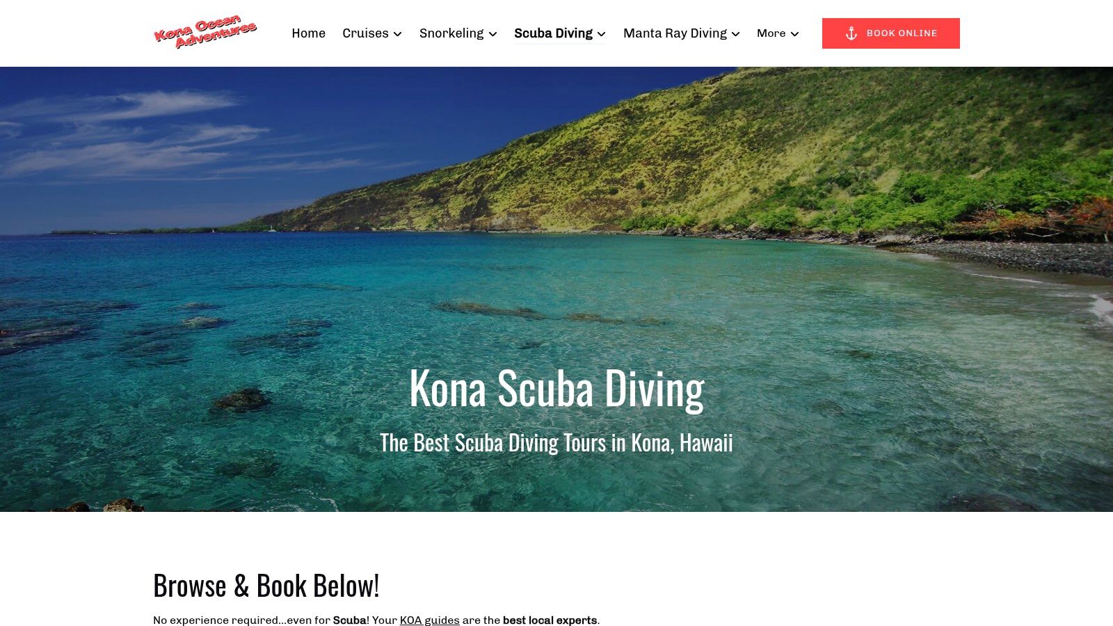 Kona Ocean Adventures scuba diving page showing divers on a boat.