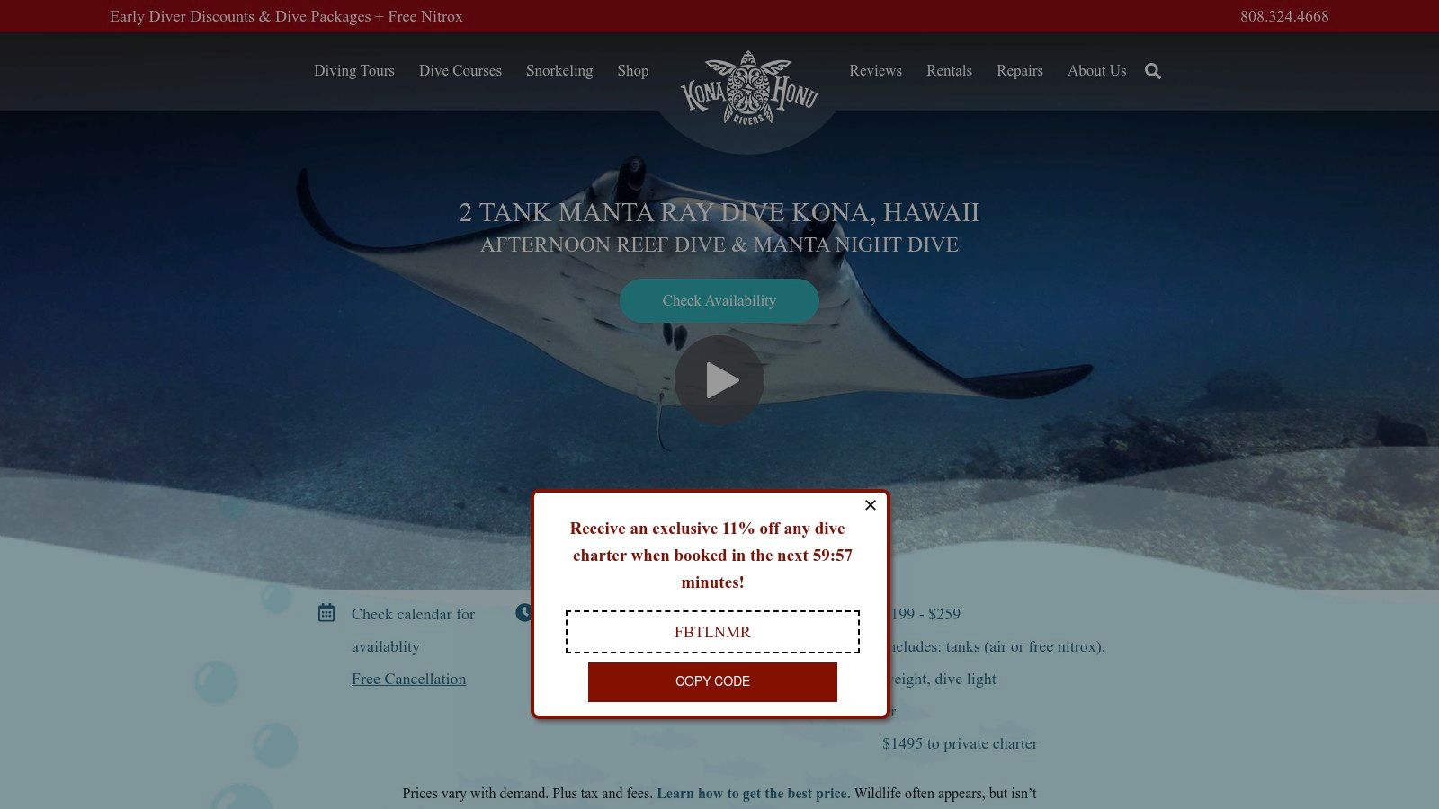 2 Tank Manta Ray Dive Kona, Hawaii – Afternoon Reef Dive & Manta Night Dive