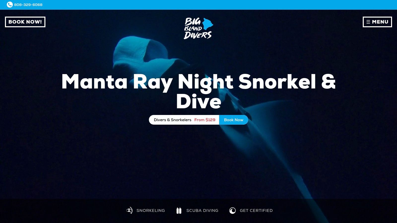 Big Island Divers website homepage with a diver and a turtle.