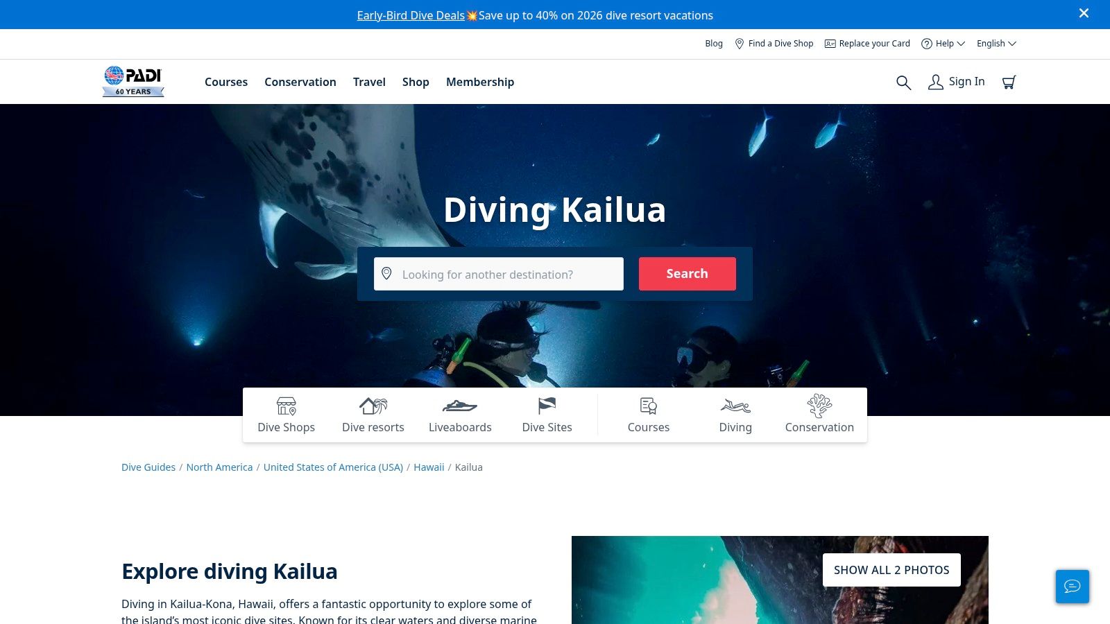 PADI – Destination & Dive-Center Pages (Kailua‑Kona / Big Island)