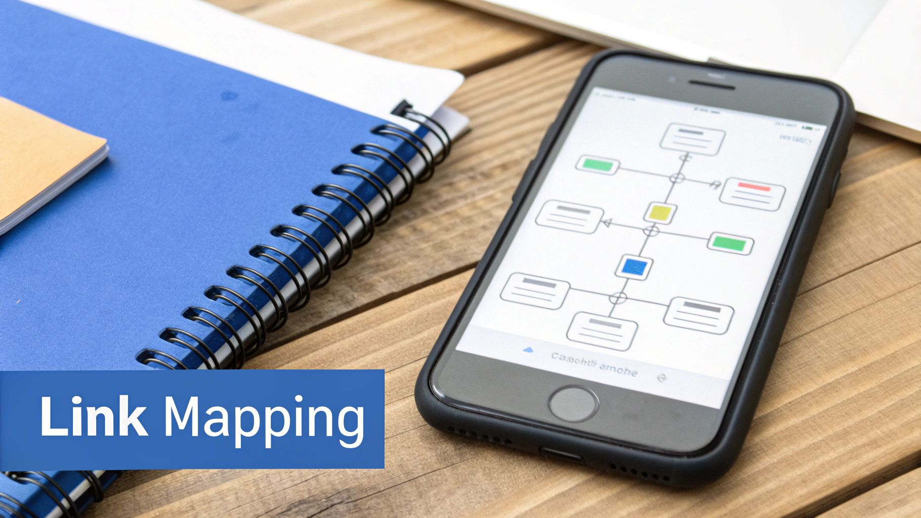 A smartphone displaying a link map or mind map next to notebooks on a wooden table, emphasizing link mapping.