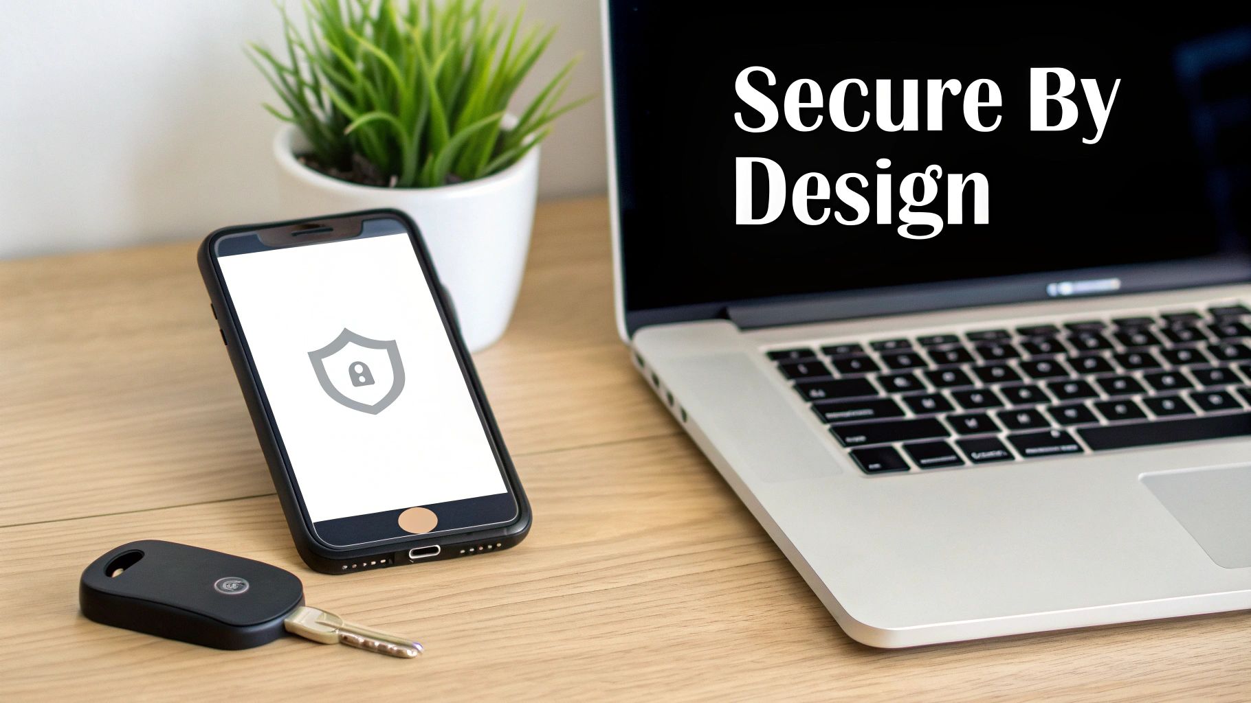 Smartphone displaying a security shield icon, a laptop with 'Secure By Design' text, and a car key.
