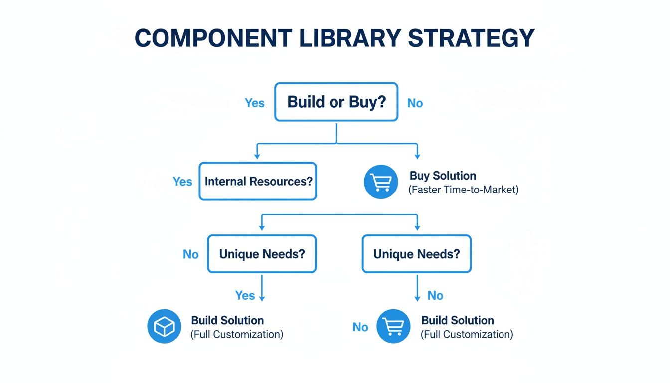 A decision tree flowchart for component library strategy, guiding on whether to build or buy solutions.