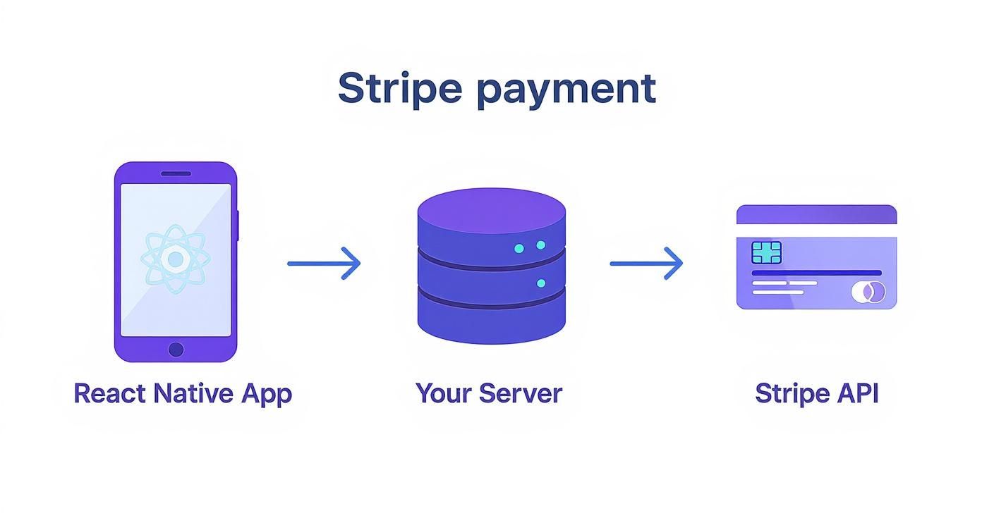 Diagram illustrating Stripe payment flow from a React Native app through a server to the Stripe API.