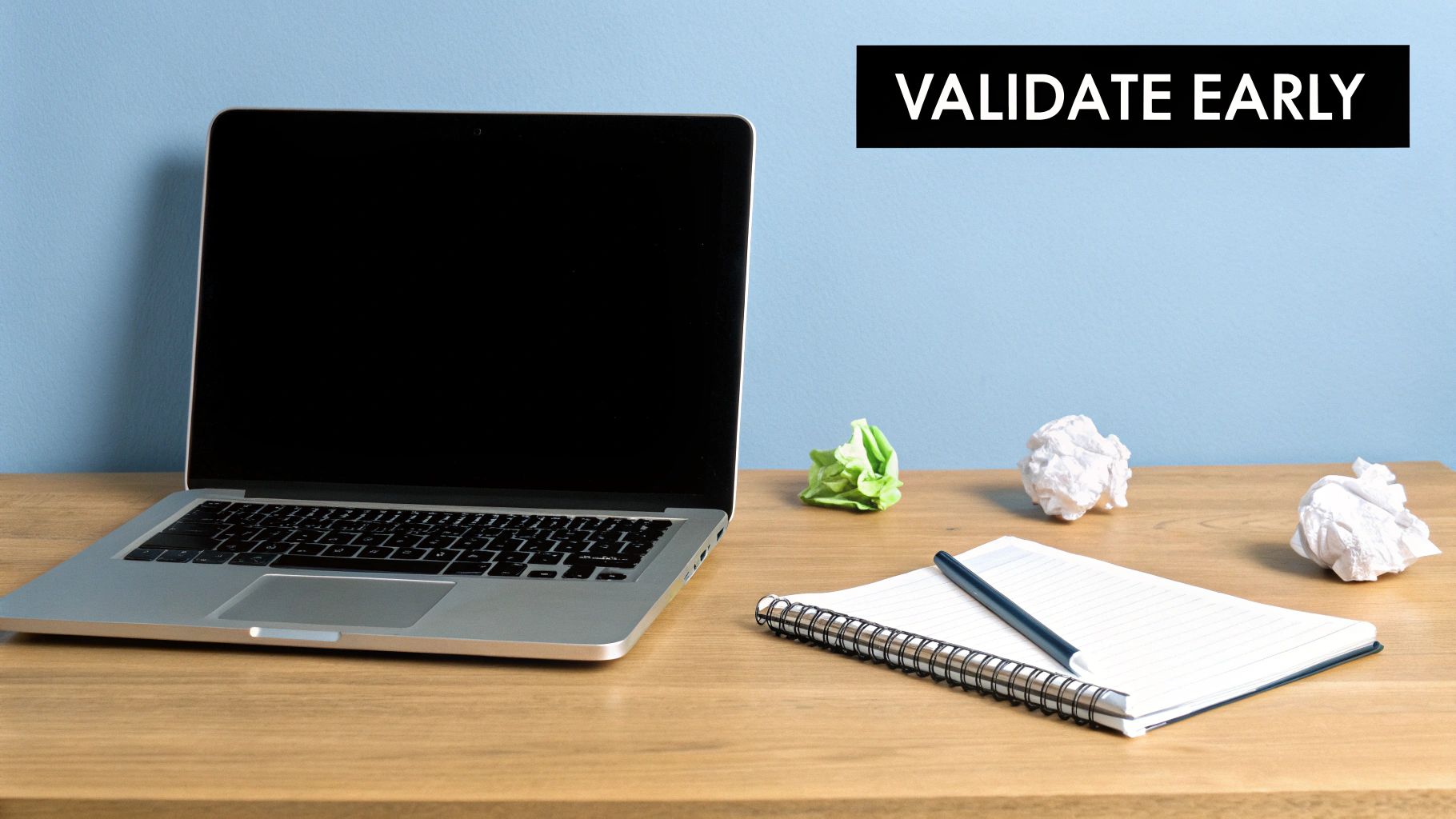 A workspace with a laptop, notebook, and crumpled paper, featuring a 'VALIDATE EARLY' sign.