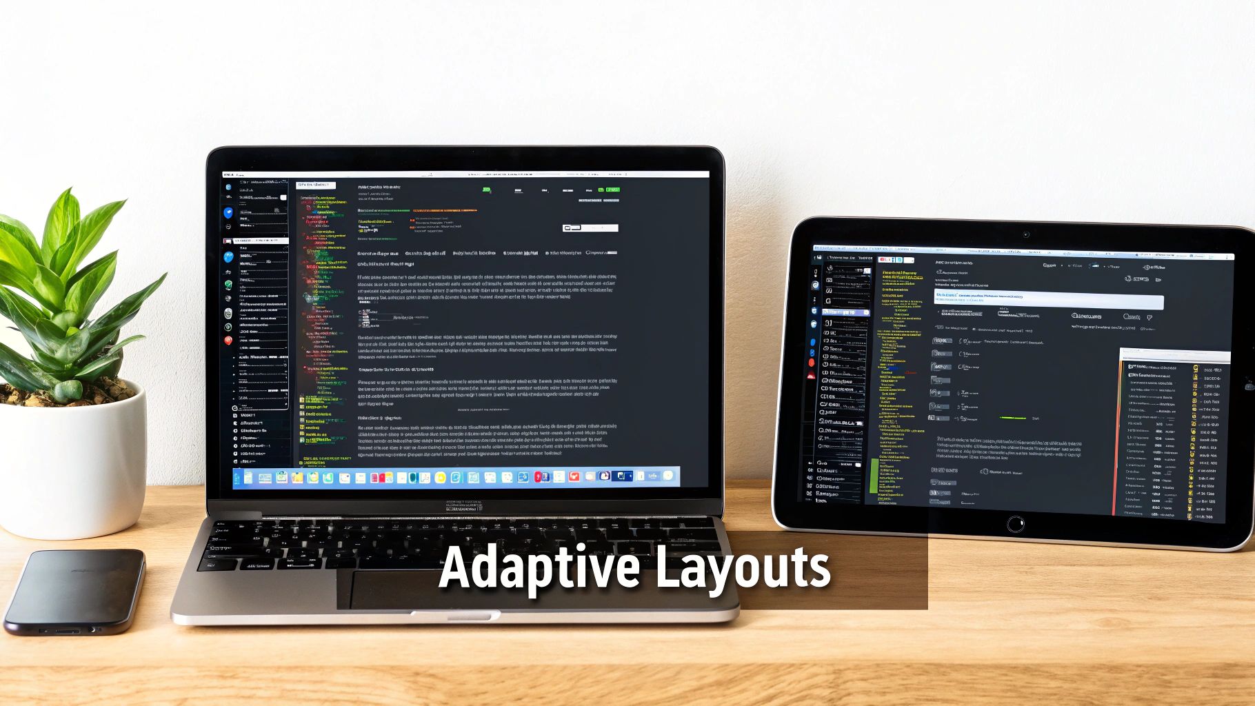 A laptop and tablet on a desk display code with adaptive layouts, next to a plant.