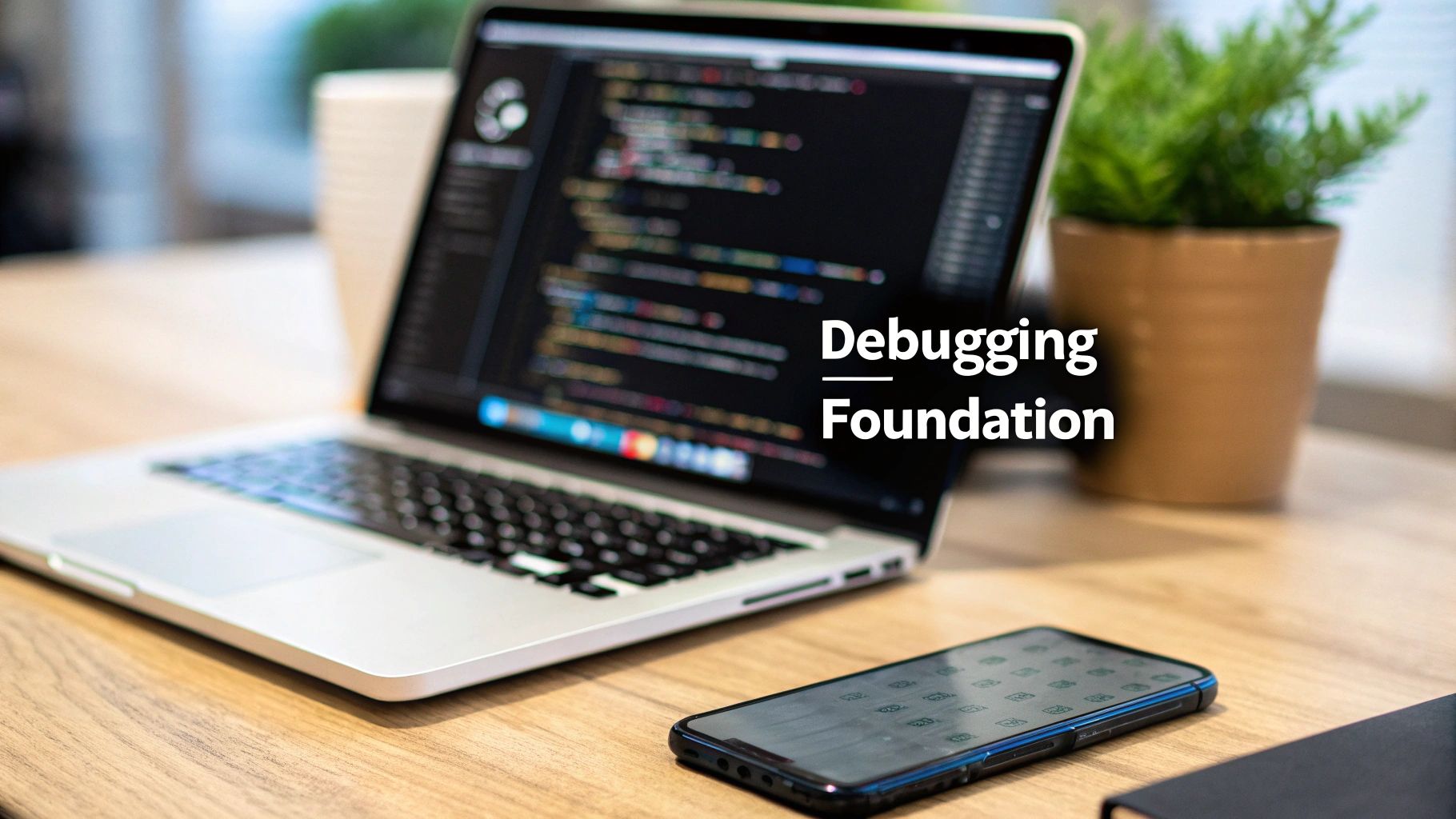 A laptop displaying code, a smartphone, and a potted plant on a wooden desk with "Debugging Foundation" text.