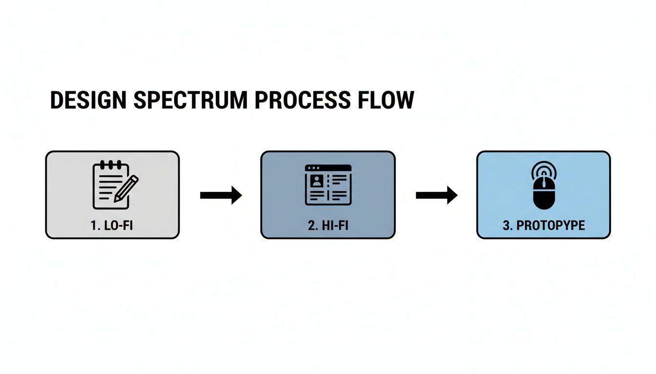 A design spectrum process flow diagram illustrating steps: Lo-Fi, Hi-Fi, and Prototype.