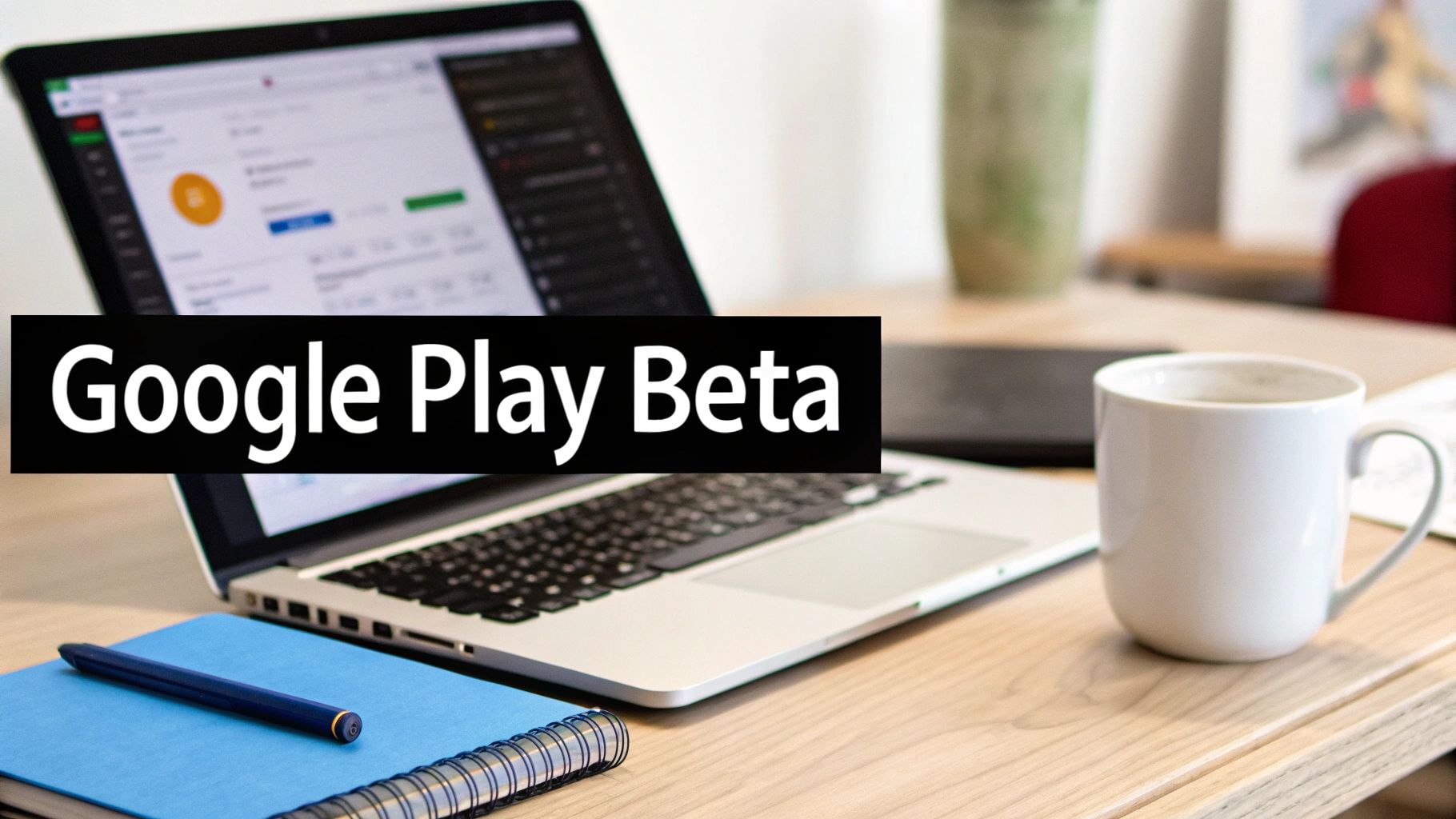 A laptop on a wooden desk displaying a dashboard with 'Google Play Beta' text, next to a coffee mug and notebook.