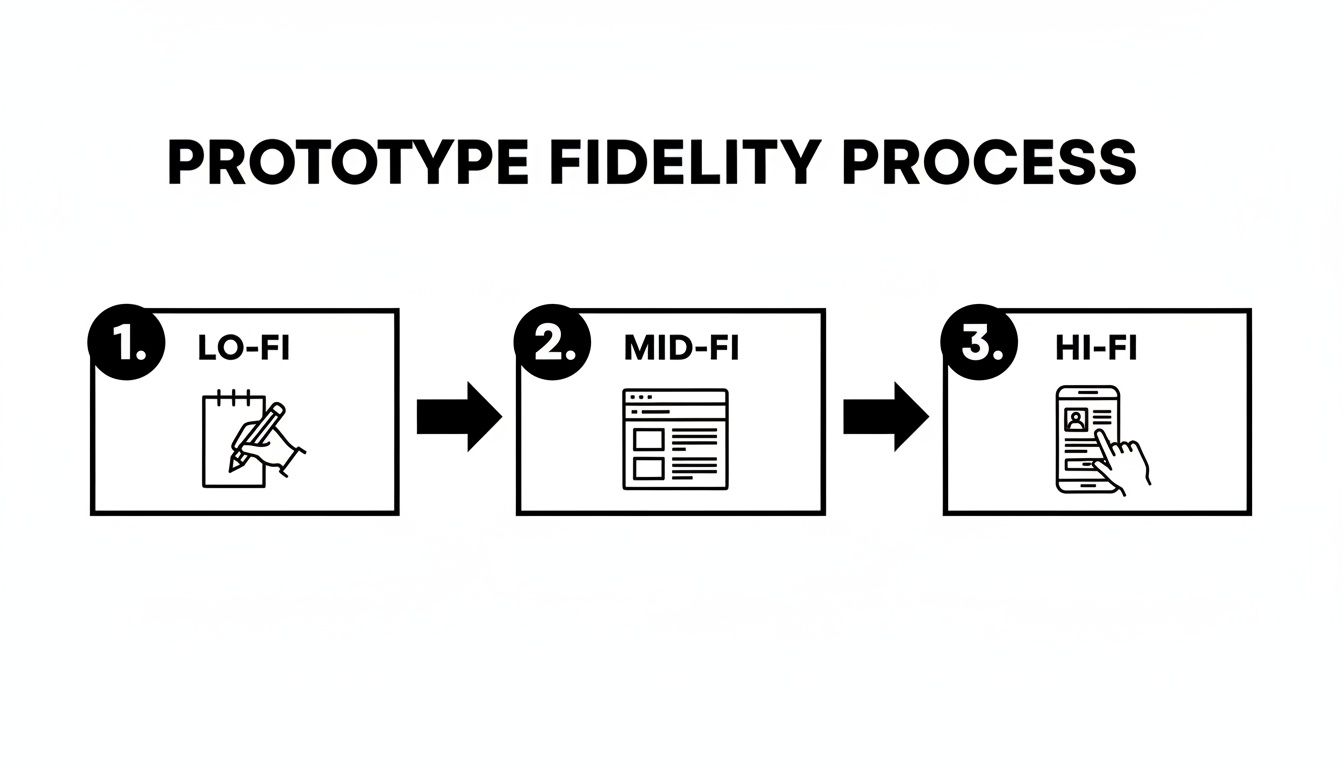 A flowchart illustrates the prototype fidelity process from low-fidelity sketches to mid-fidelity wireframes and high-fidelity interactive designs.