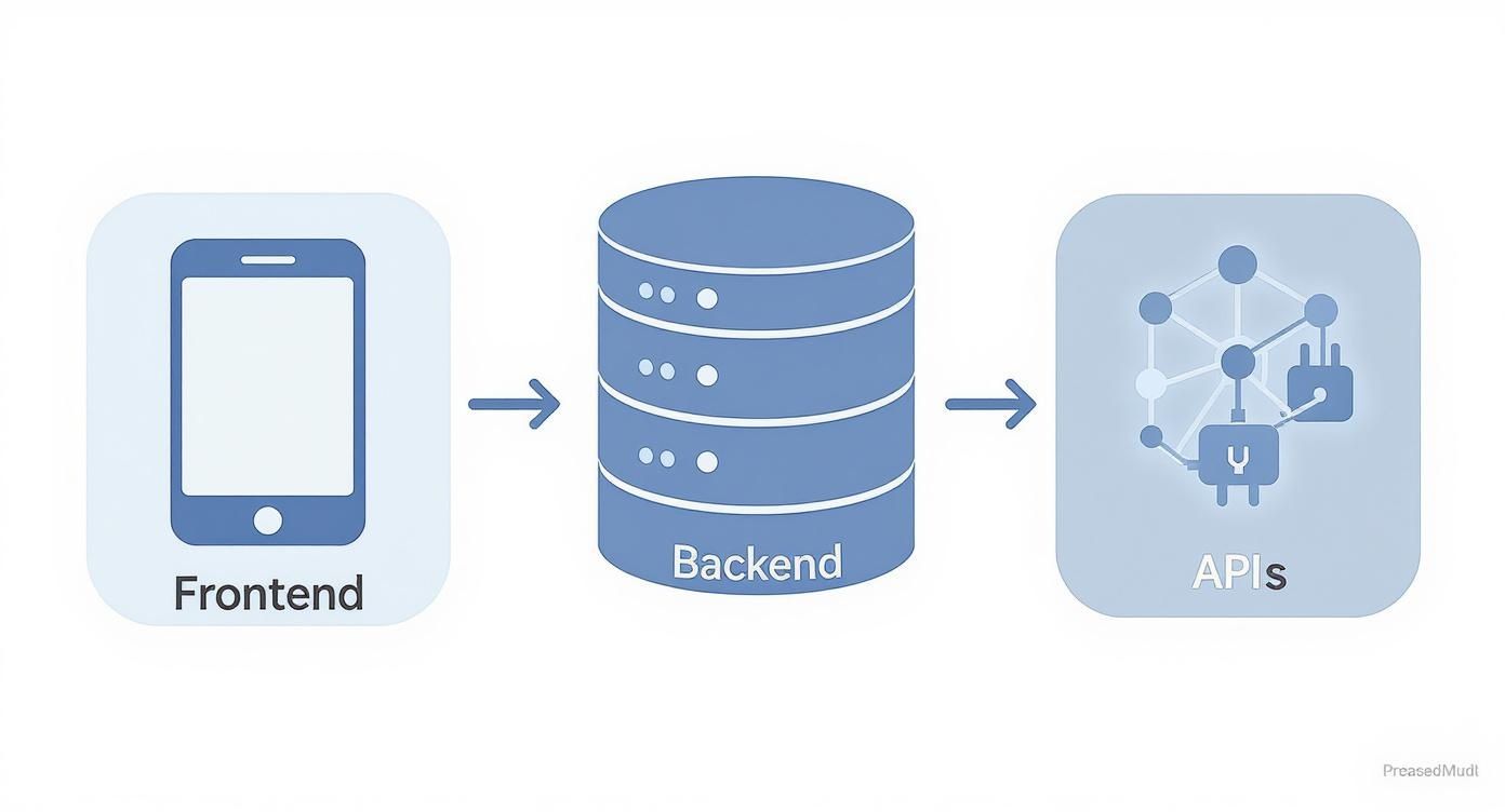 Diagram illustrating app architecture with a frontend mobile app, backend server, and APIs.