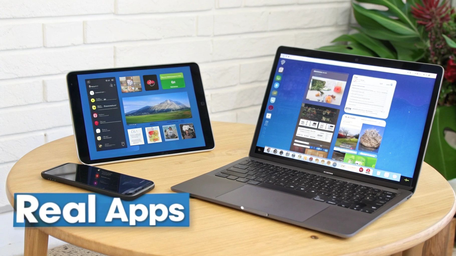 Three digital devices, a laptop, tablet, and smartphone, displaying multiple application interfaces on a wooden table.