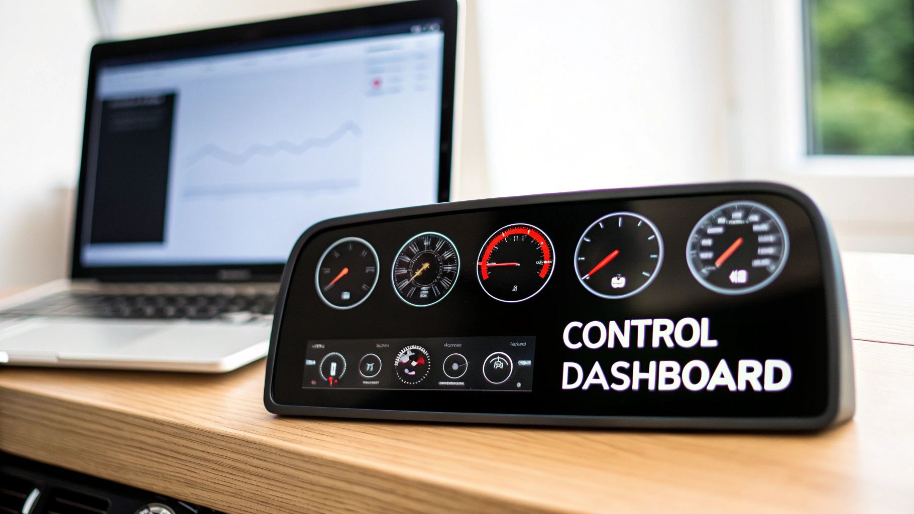 A sleek black control dashboard with multiple gauges and a laptop on a wooden desk.