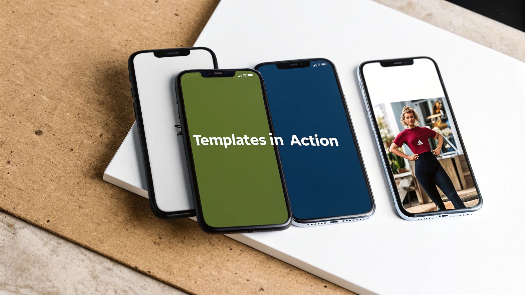 Four modern smartphones displayed on a white and brown surface, showcasing various mobile app templates.