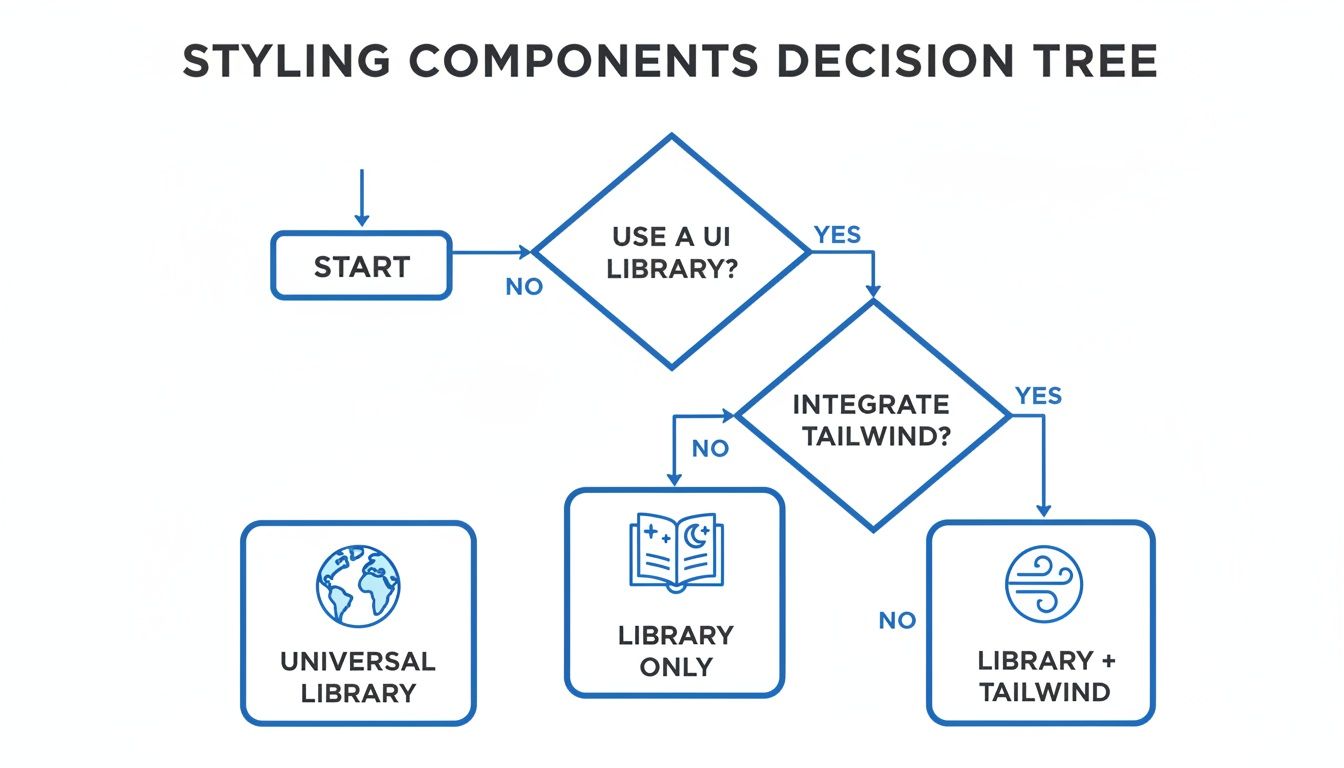 A styling components decision tree diagram outlining choices for using UI libraries and Tailwind CSS.
