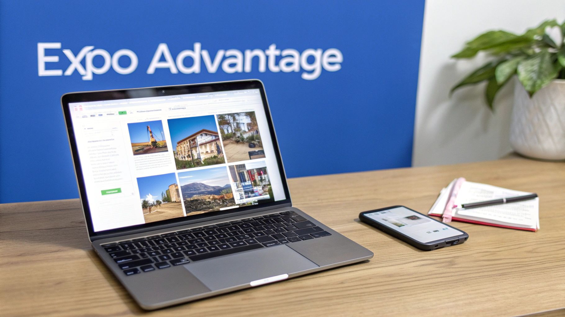 Laptop displaying Expo Advantage platform with photo gallery on wooden desk with mobile device