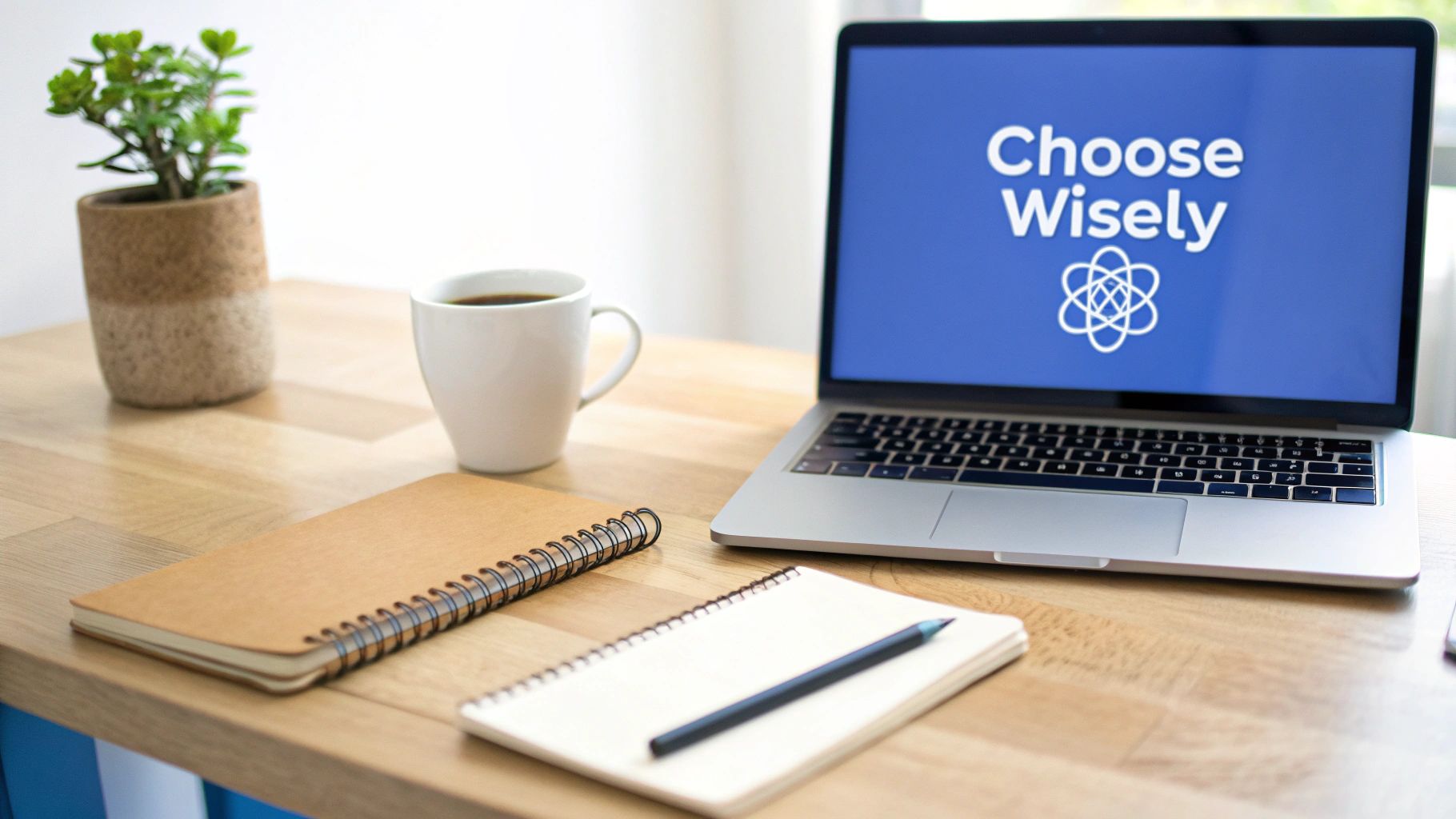 A desk setup featuring a laptop with 'Choose Wisely' text, coffee, a plant, and notebooks.