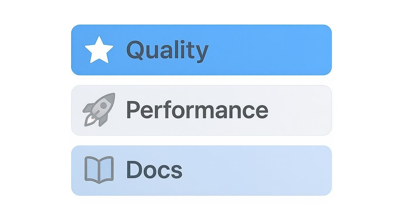 Three rectangular buttons displaying categories: Quality with a star, Performance with a rocket, and Docs with a book icon.