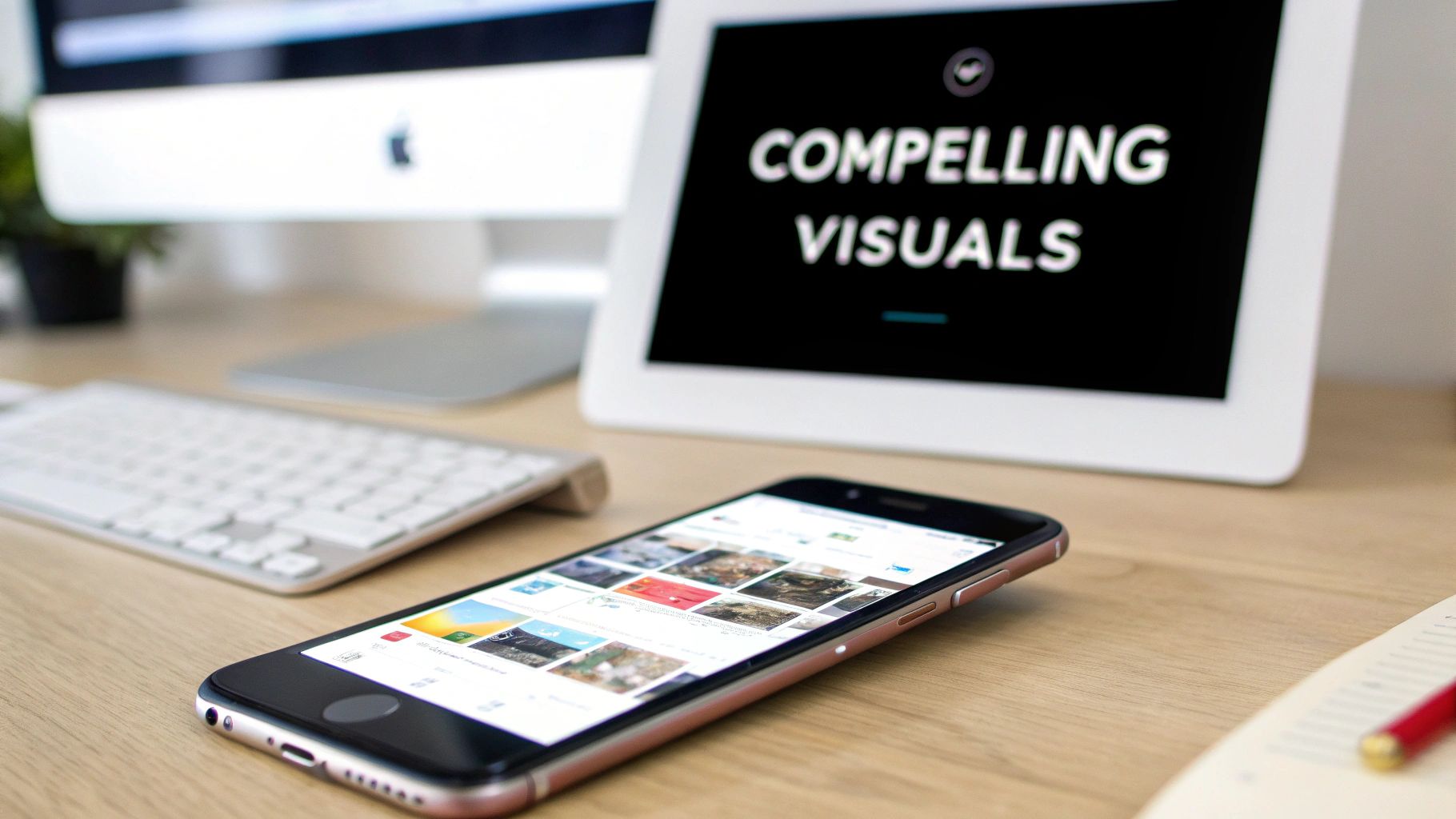 A modern workspace featuring an Apple monitor, keyboard, tablet displaying 'COMPELLING VISUALS', and a smartphone.
