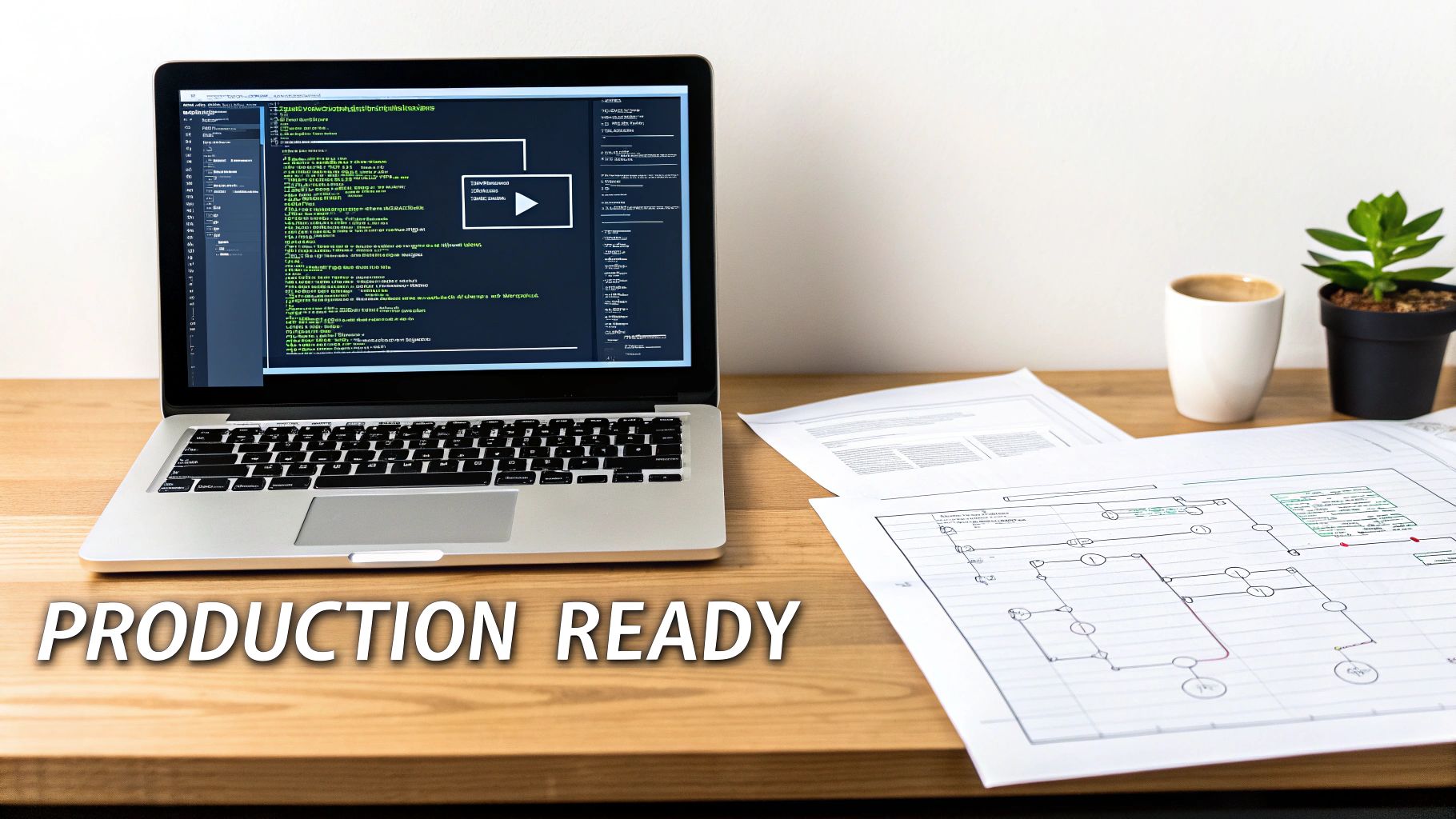 A developer's desk with a laptop showing code, papers with diagrams, coffee, and a plant.