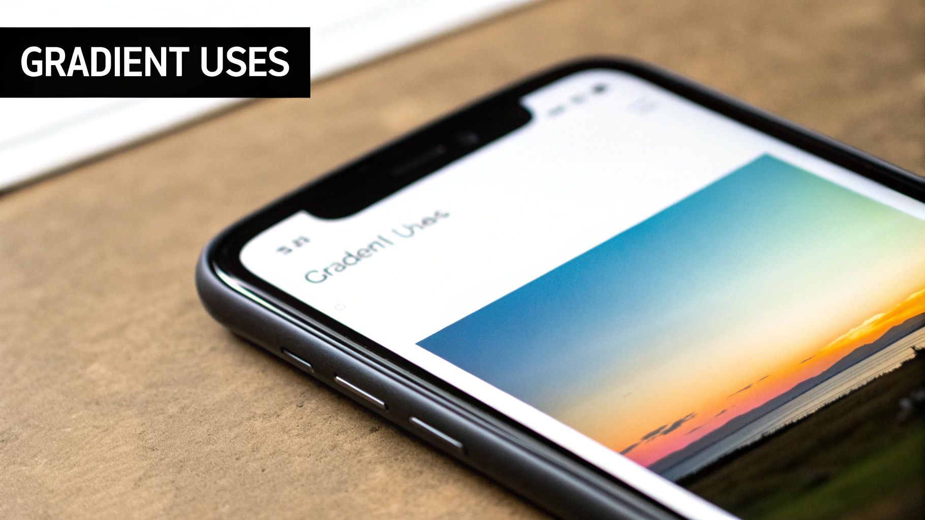 A smartphone displays an app with "Gradient Uses" text and a stunning sunset gradient background.