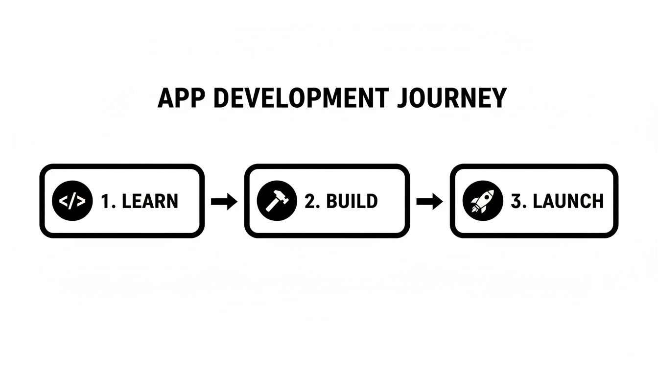 A graphic illustrating the app development journey with three sequential steps: Learn, Build, and Launch.