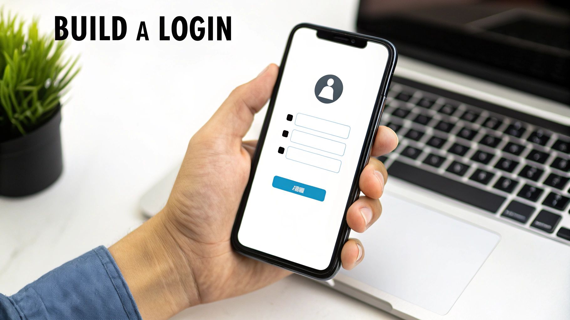 A hand holding a smartphone showing a login form with input fields and a button, next to a laptop.