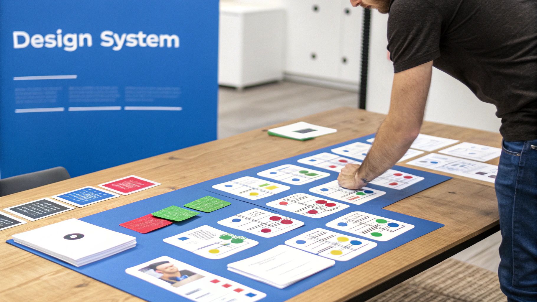 A person works on a desk covered with design system components, cards, and diagrams.