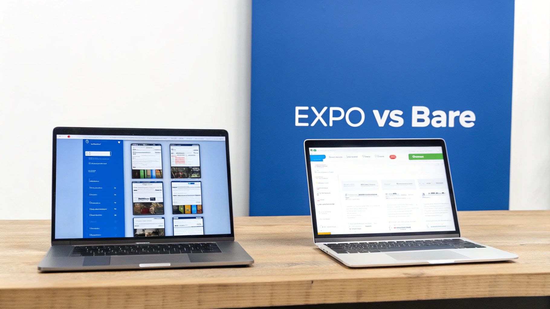 Two laptops displaying web interfaces sit on a wooden desk, against a blue 'EXPO vs Bare' background.