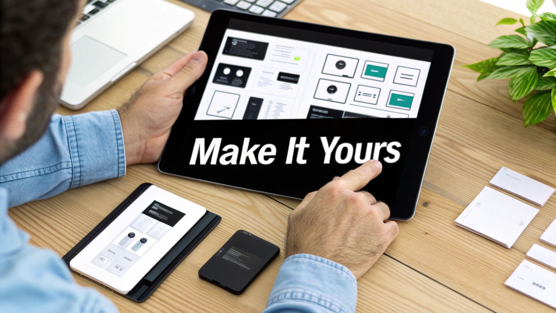 A person customizes mobile app templates on a tablet, with a laptop and phone nearby on a wooden desk.