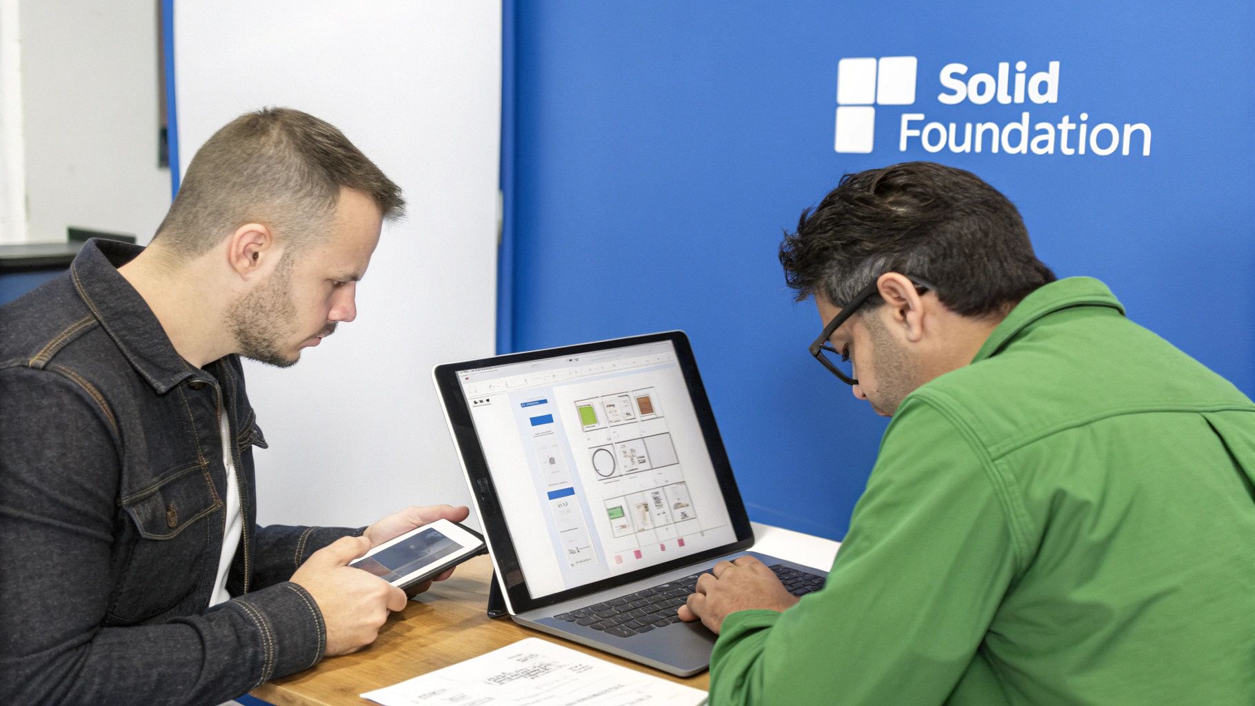 Two men, one in a denim jacket and one in a green shirt, collaborate on a laptop and tablet, with the Solid Foundation logo.