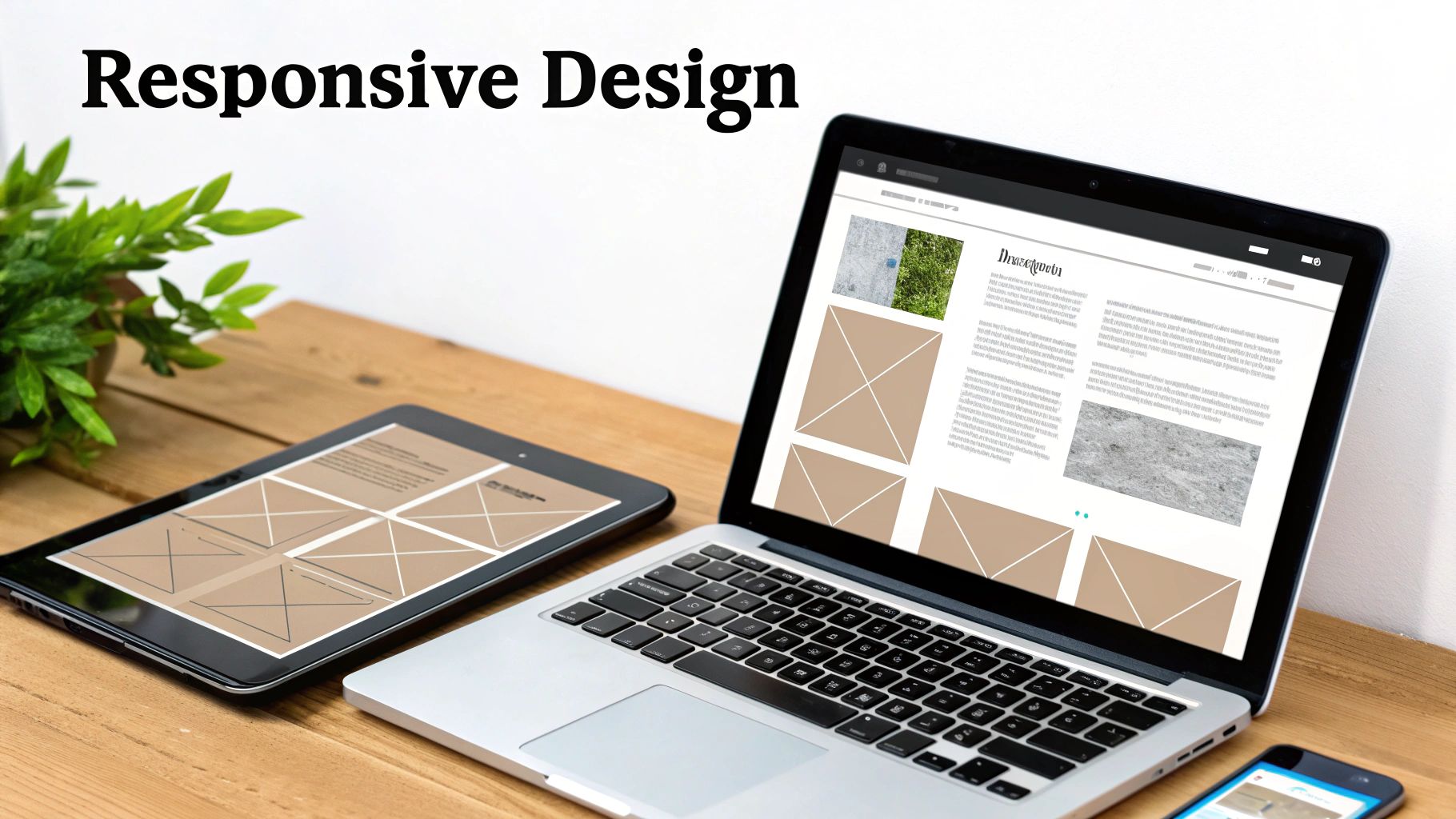 Laptop, tablet, and smartphone displaying a website with adaptable layouts on a wooden desk.