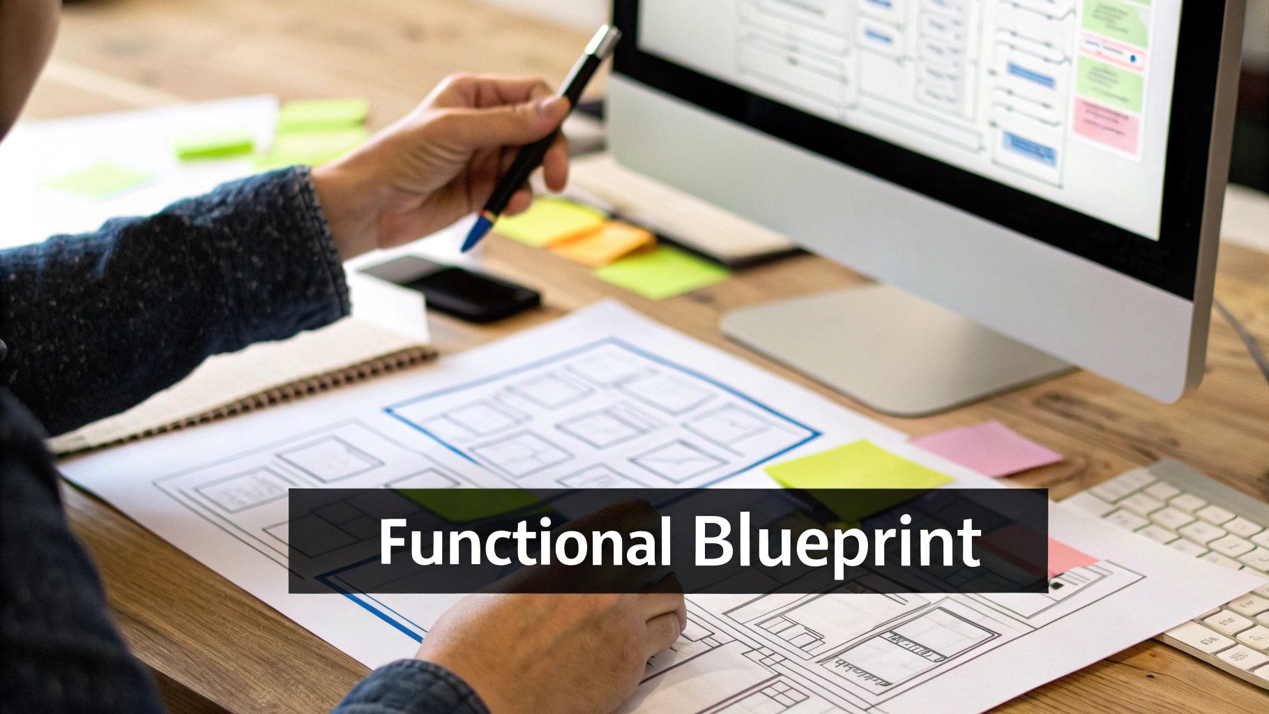 A designer's hands working on a functional blueprint and wireframes on paper, with a computer screen displaying designs.