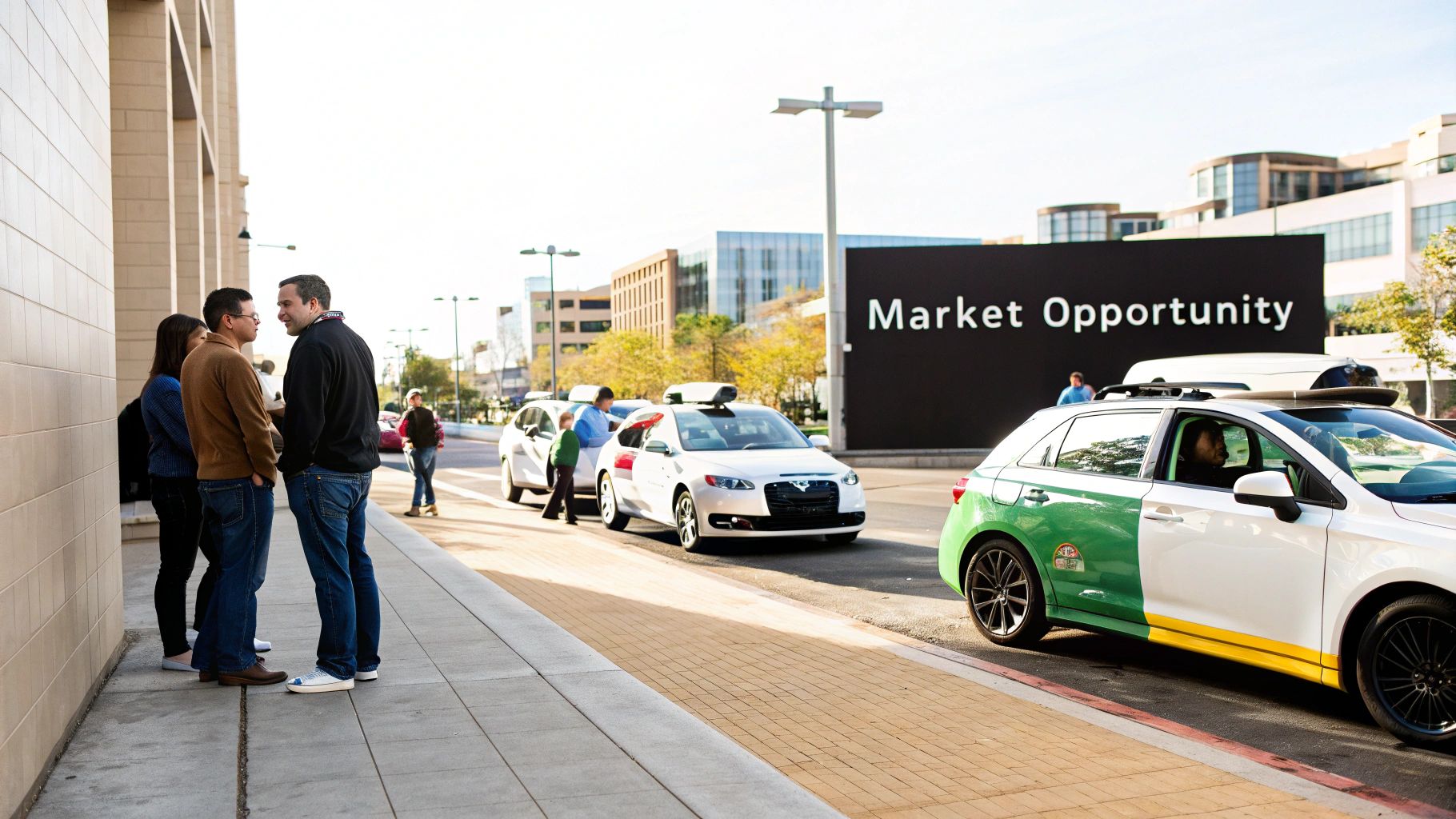 People conversing on a sidewalk next to a line of autonomous vehicles and a "MARKET OPPORTUNITY" sign.