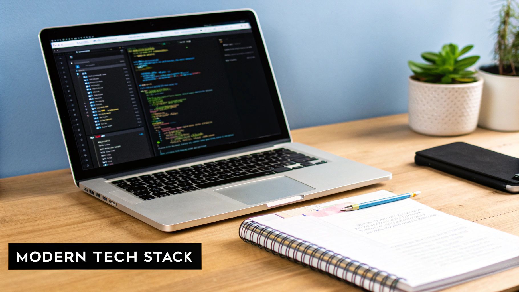 A modern workspace setup featuring a laptop displaying code, a notebook, pen, smartphone, and potted plants on a wooden desk.