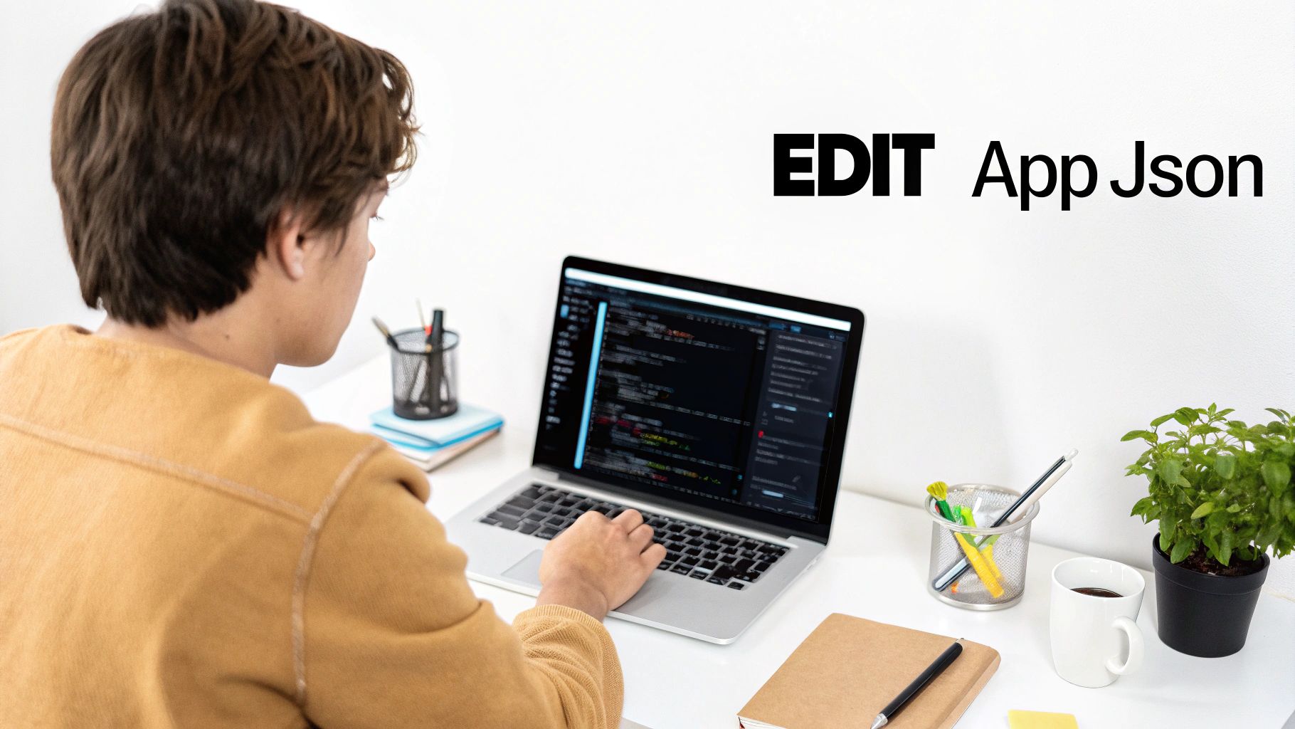 A person works on a laptop displaying code, with office supplies and 'EDIT App Json' text.