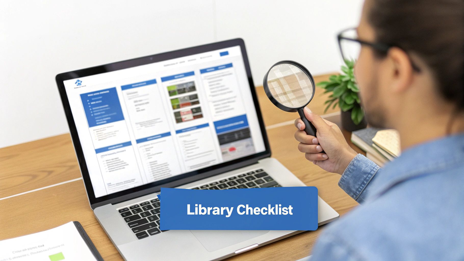 Person using a magnifying glass to review a 'Library Checklist' displayed on a laptop screen.