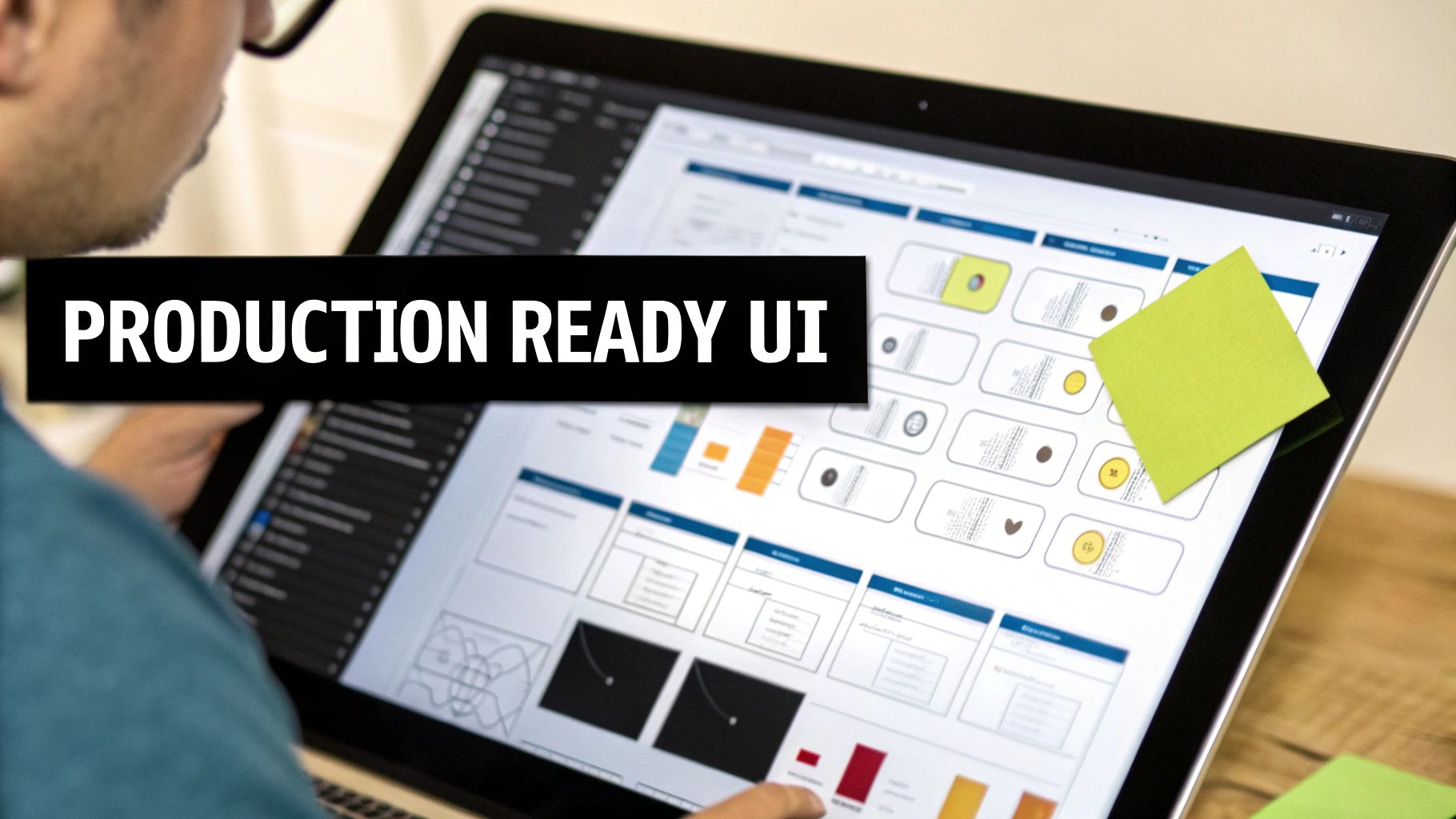 Man reviews production-ready UI designs on a laptop screen with a green sticky note.