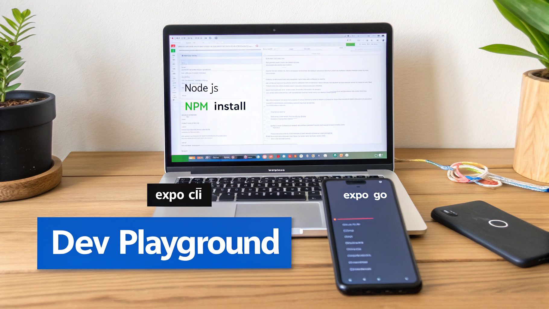 React Native development workspace showing laptop with Node.js NPM install documentation and mobile device with Expo Go app