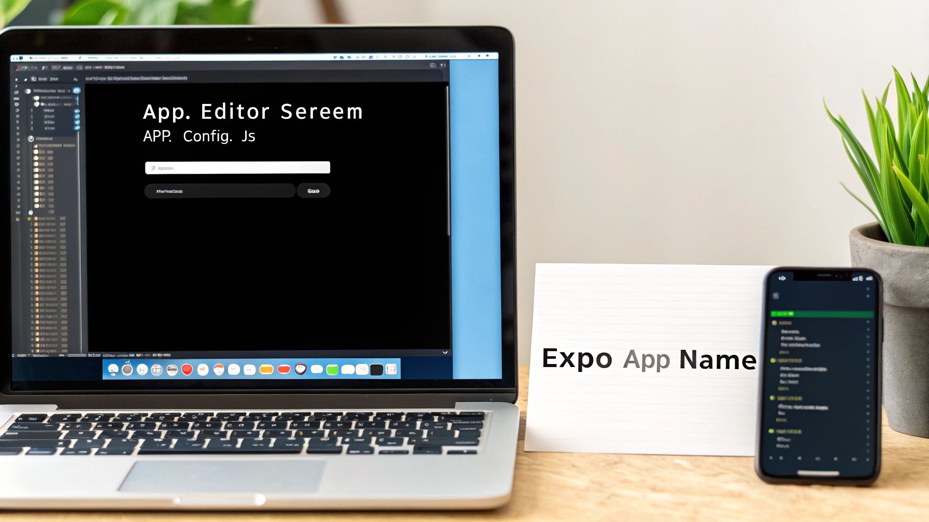 A laptop displaying an app editor screen for "App. Config. Js," alongside a card reading "Expo App Name" and a smartphone.