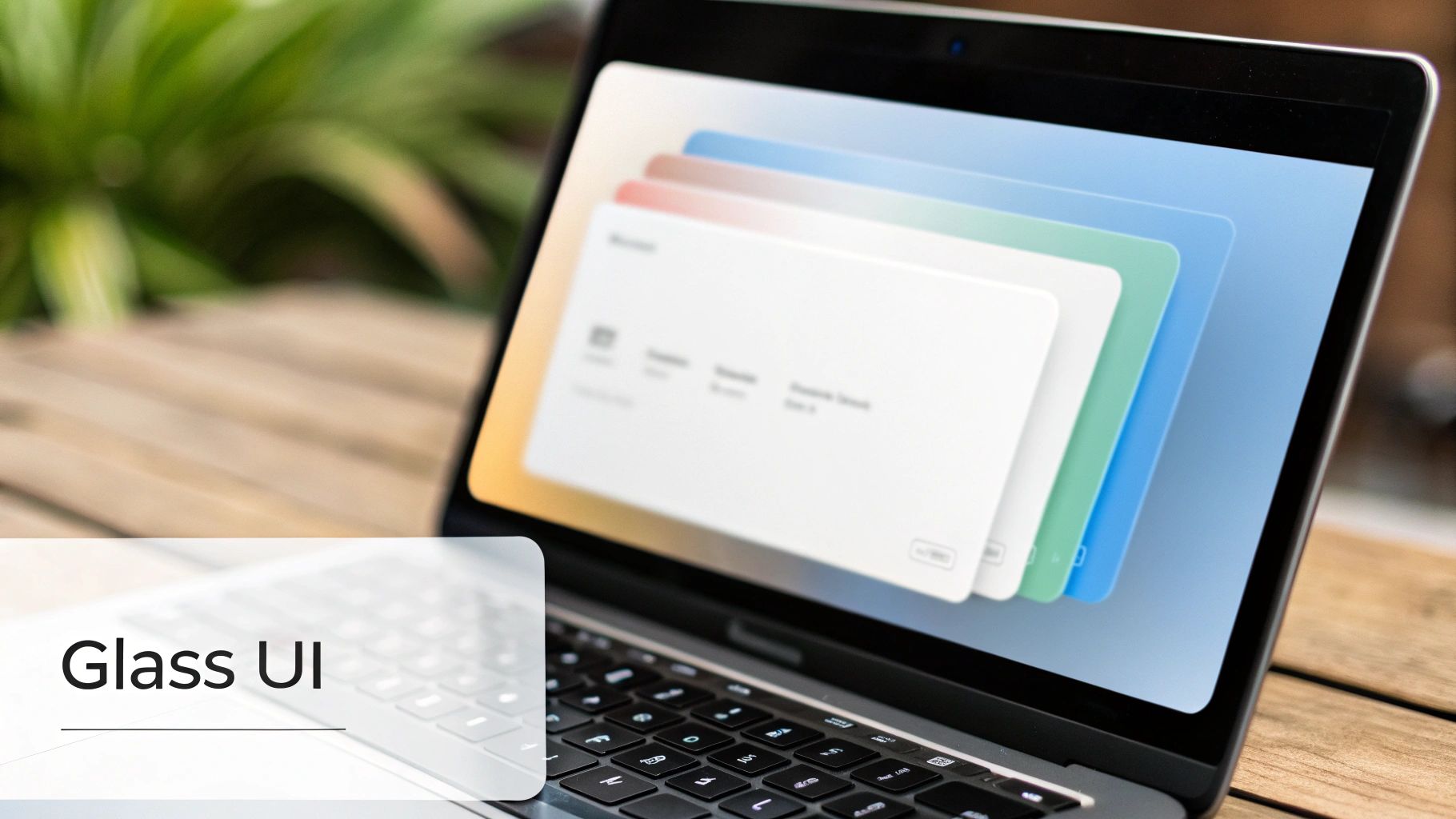 A laptop displaying a modern user interface with translucent, layered 'glass' effect cards on its screen.
