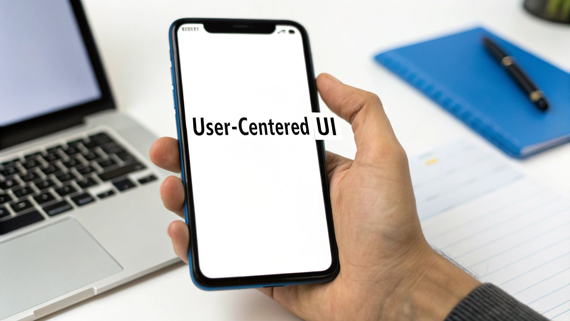 A hand holds a smartphone displaying 'User-Centered UI' on screen, with a laptop and notebook in the background.