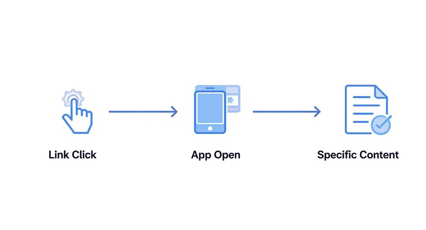 A diagram showing the flow of deep linking: a link click leads to an app opening, then specific content.