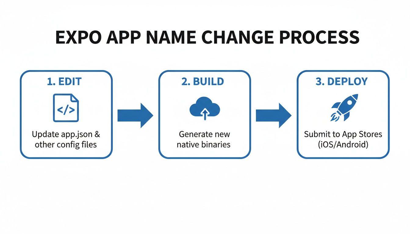 Flowchart illustrating the 3-step Expo app name change process: Edit, Build, and Deploy.