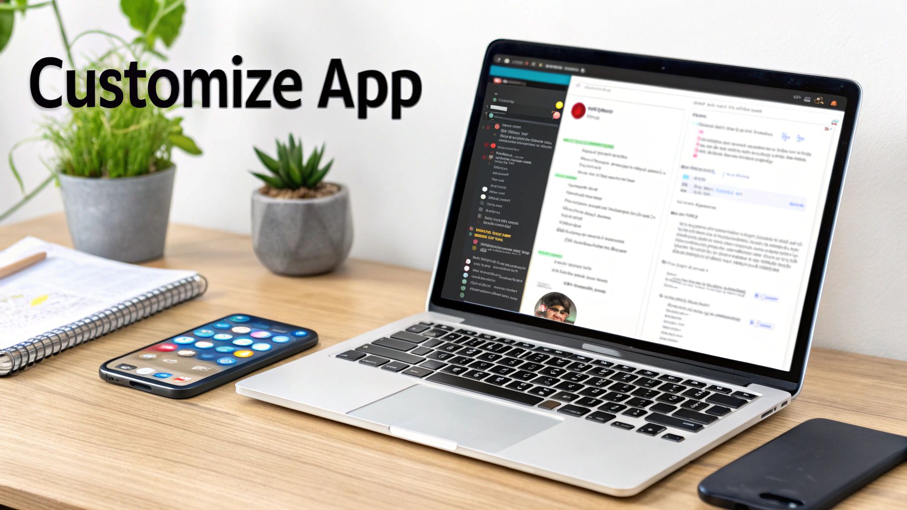 A workspace with a laptop displaying a customizable app, a smartphone, notebook, and two plants.