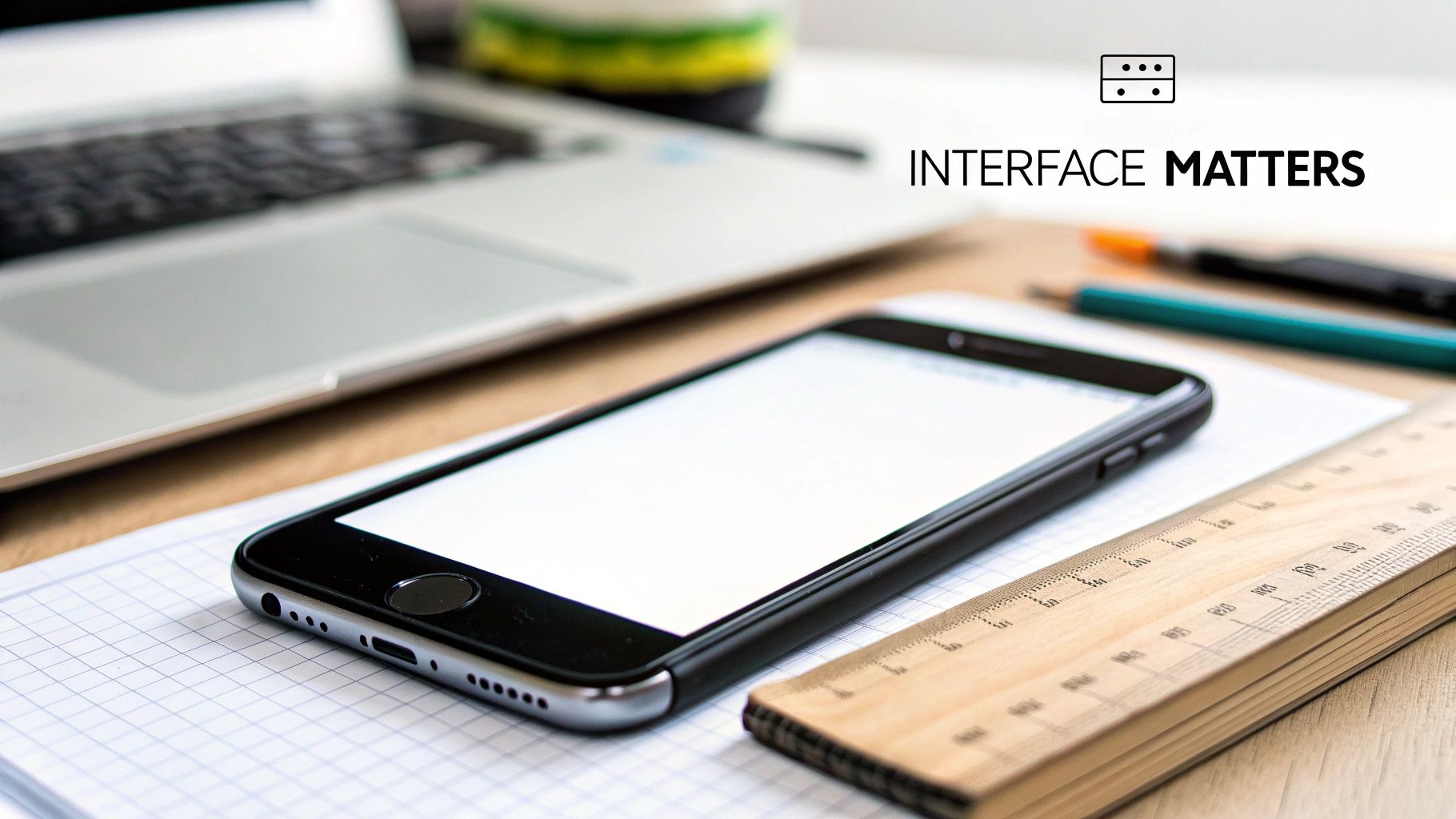 A workspace featuring a smartphone on a grid notebook, a laptop, ruler, and pens. The image overlay states "INTERFACE MATTERS".